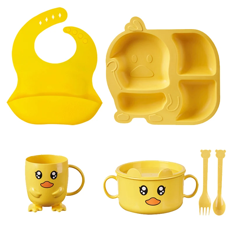 

4/6/7PCS Baby Plates Children's Feeding Wheat Fiber Bowl Plate Cup Bibs Spoon Fork Set Non-Slip Cartoon Dishes For Kids BPA Free