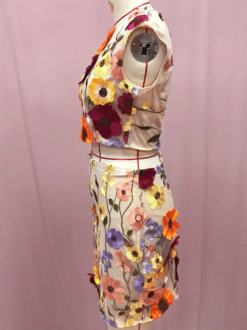 Two-Piece Set with 3D Flower Strap Top and A-Line Midi Skirt - Pink main image 0