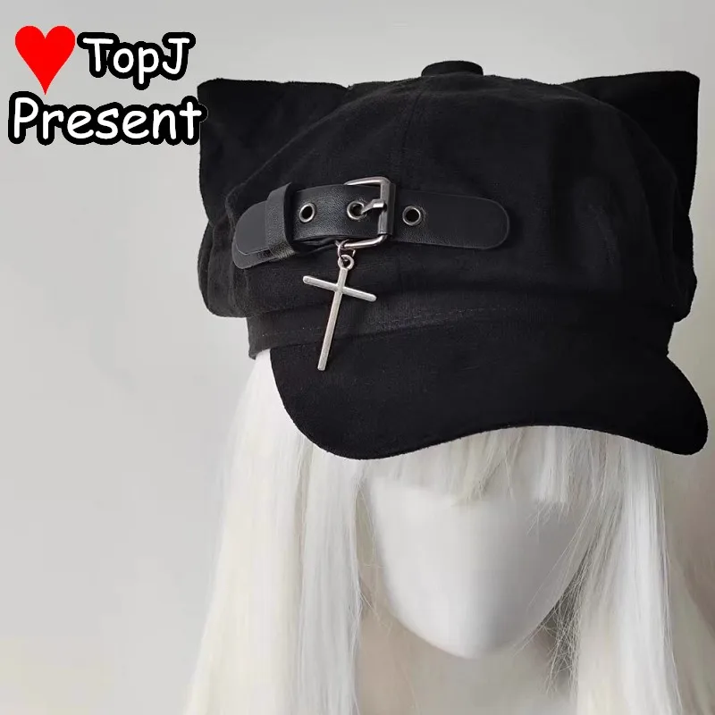 펑크 서브컬쳐 팔각형 모자 고양이 귀 십자가 가죽 버클 남녀공용 다용도 베레모 화가 모자 고스 Y2K 하라주쿠 캡