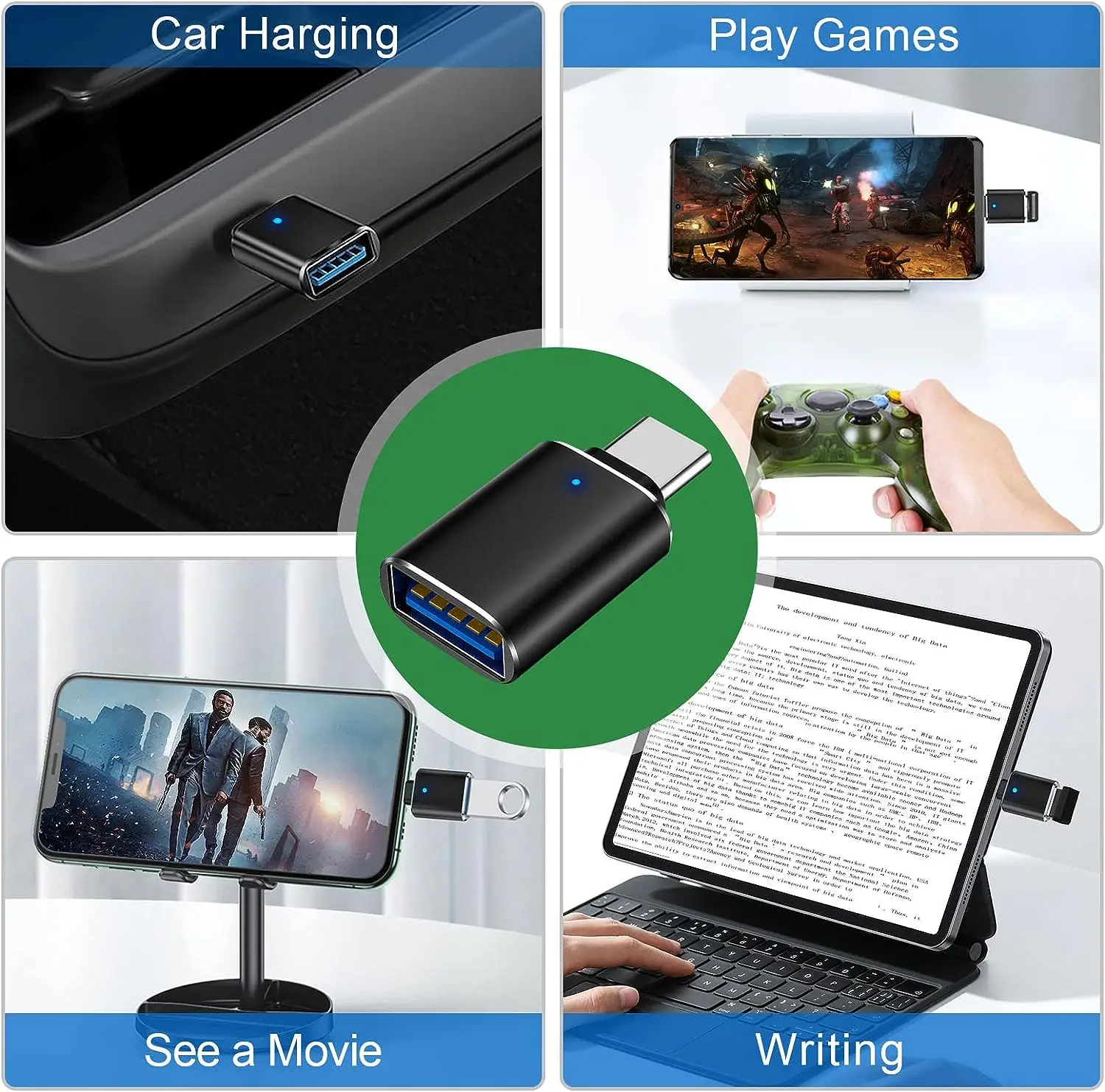 Dual USB-C to USB-A OTG Adapter with LED Indicator