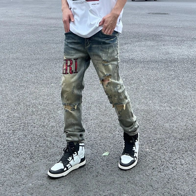 

Street Fashion Men Jeans Retro Yellow Blue Stretch Skinny Ripped Jeans Men Elastic Trousers Patches Designer Hip Hop Brand Pants