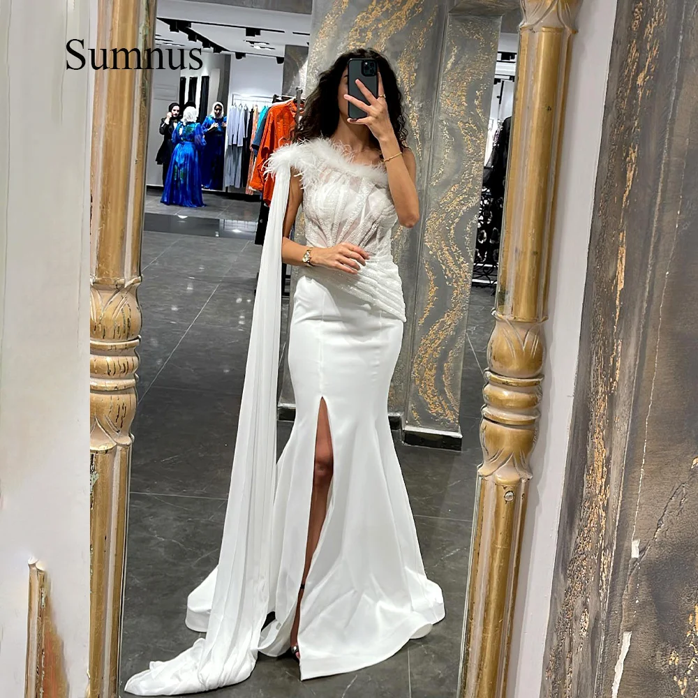 

Роскошные свадебные платья-русалки Sumnus, с перьями, на одно плечо, с накидкой, с бусинами, корсет, платье невесты, с Боковым Разрезом, 2023