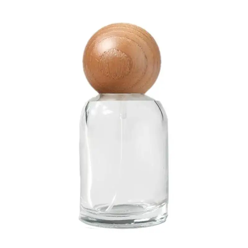 50PCS 30-50ml Transparent Glass Spray With Wooden Lid, Refillable Travel Perfume Spray, Empty Fine Mist Bottle_voghion.com