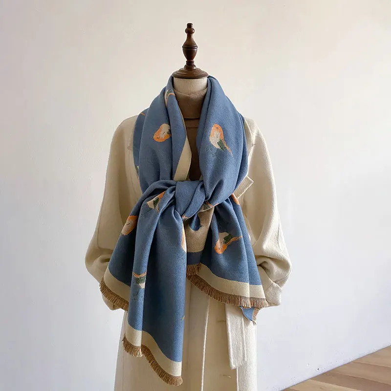 Шарф кашемировый женский двусторонний из мягкого акрила с птицами