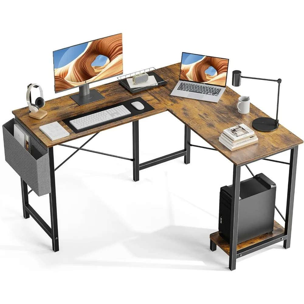 L Shaped Computer Desk - Gaming Corner 50 Inch Office Writing PC Wooden Table with CPU Storage Shelf