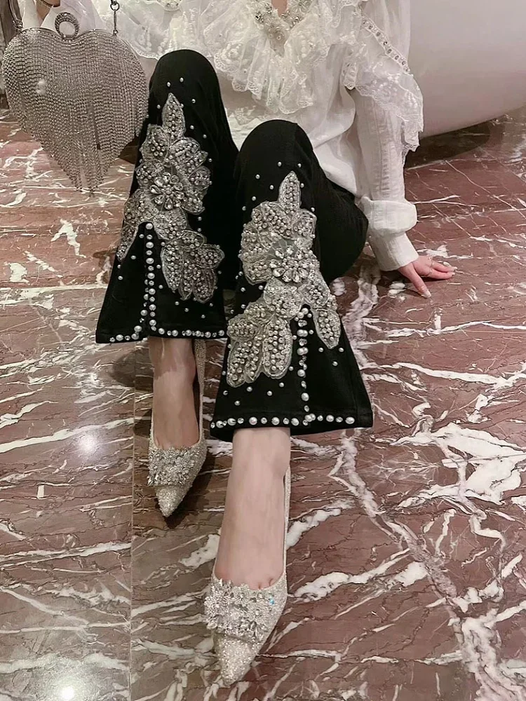 

2024 тяжелые Промышленные джинсы с разрезом, женские осенние новые джинсы с высокой талией, Женские Модные расклешенные брюки с вышивкой