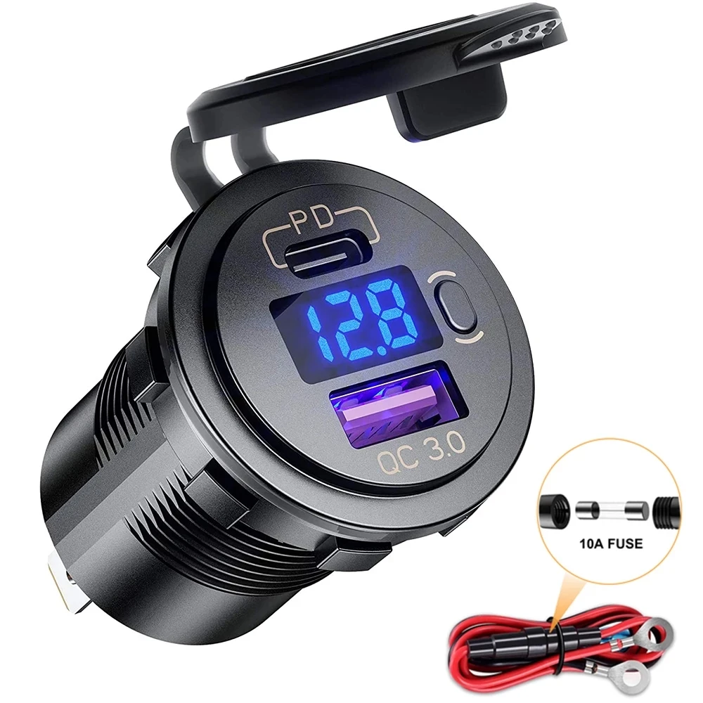 Car Charger 60W PD Type C/QC 3.0 USB Button Switch LED Voltmeter Power Outlet Fast Charging for 12V 24V Car Truck Motorcycle RV