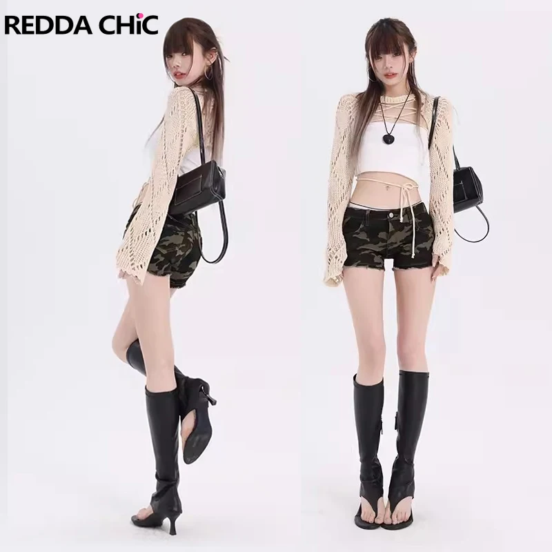 

ReddaChic Retro Camouflage Print Denim Shorts Women Summer Fitted Low Rise Frayed Cropped Jeans Pants Harajuku Grayu T2k Clothes