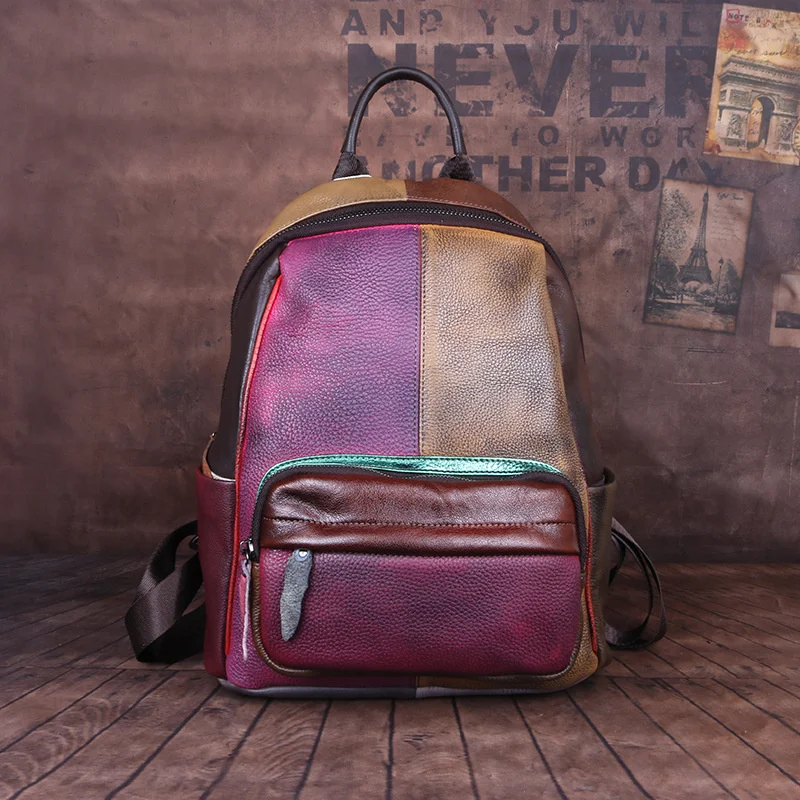 2024 New Hand-painted Panelled Women Backpack Genuine Leather Female Retro Bag Leisure Vintage Travel Backpack Mochila 5