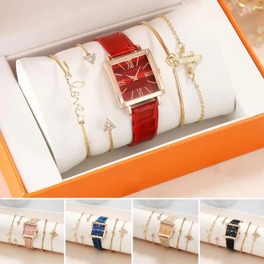 5pcs/set Watch Bracelets Kit Shiny Rhinestone Inlaid Square Dial Faux