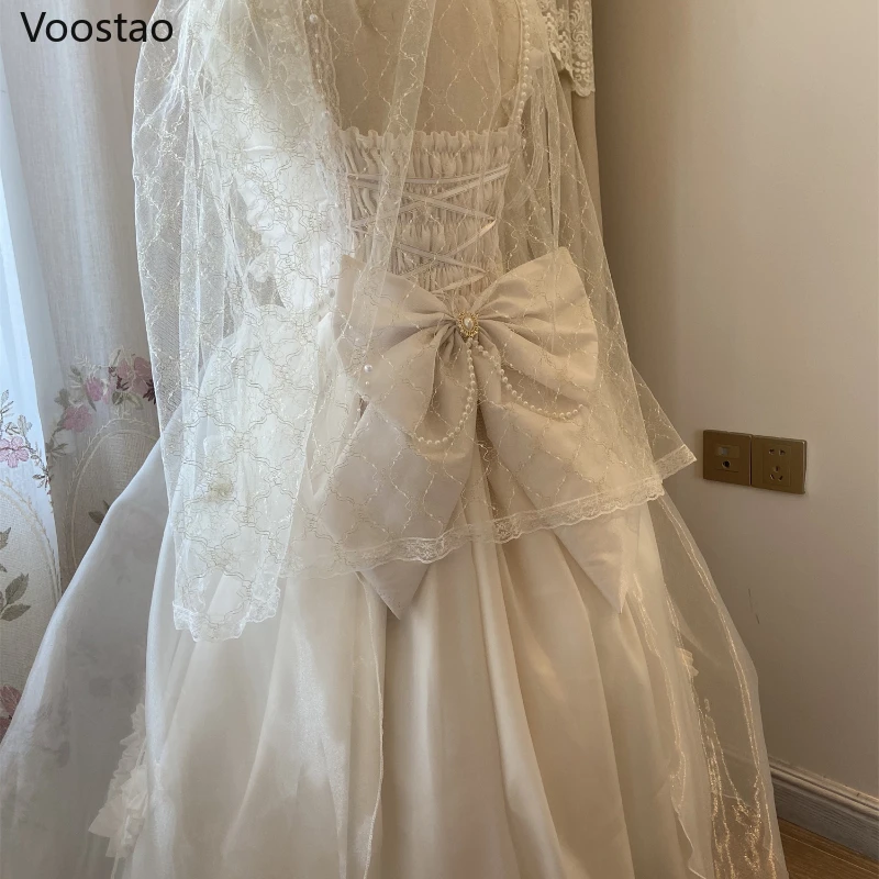 Sweet Lolita Princess Jsk Dress Women Elegant Mesh Lace Pearl Bow Party Wedding Dresses Girly Kawaii Sleeveless Trailing Dress