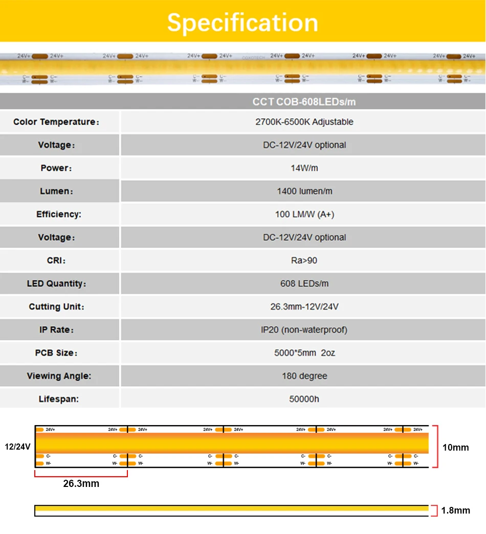 COB CCT LED Strip Light 608 LEDs/m S4a589052ee3a4a2e93ec02a47b5e8f9bf