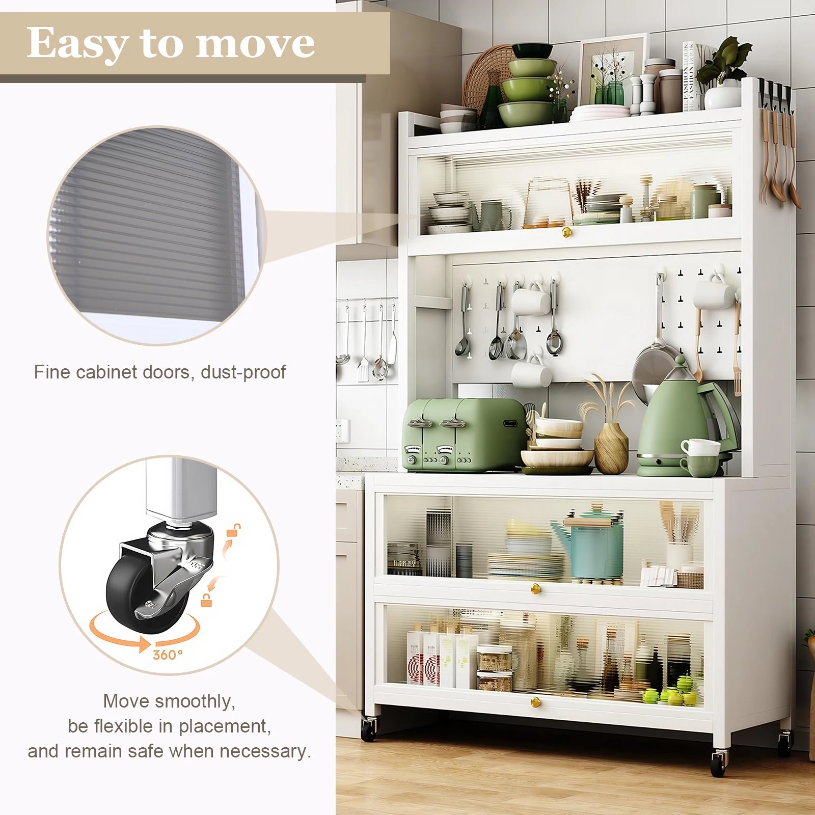 Wheeled Sideboard Kitchen Rack with Locker Hole Board Multi-Layer Floor Storage Cabinet Wear Resist Microwave Oven Pot Oven Rack