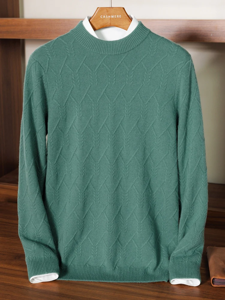 

High-end 100% Cashmere Sweater Autumn Winter Thick Men Sweater Long Sleeve Mock-Neck Pullovers Herringbone flowers Warm Knitwear