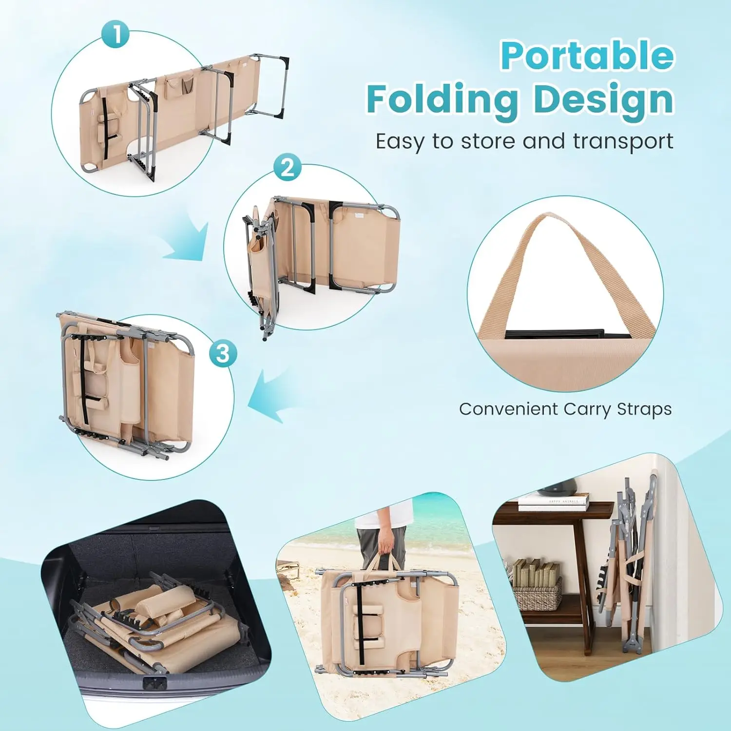 Folding Beach Lounge Chair with Face &Arm Hole, 5-Position Adjustable,Removable Pillow,Side Pocket, Sunbathing Chair