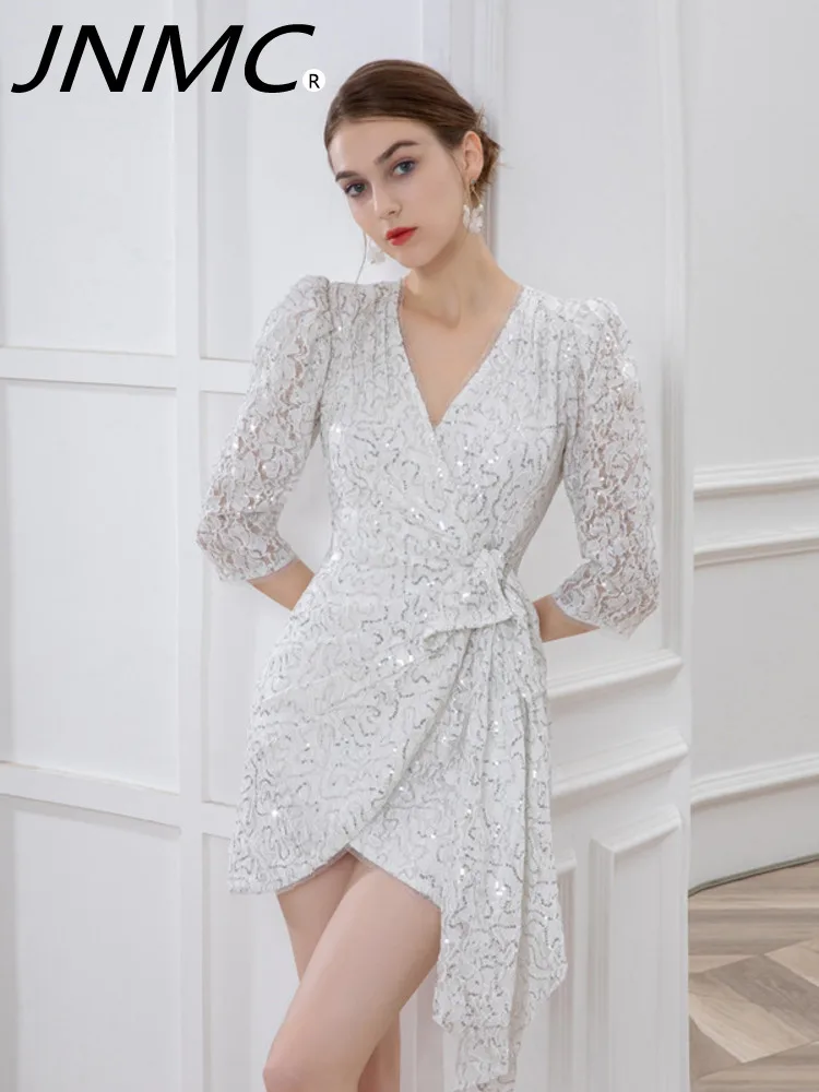 

JNMC 2024 Women Spring/summer Solid Color Elegant Lace Print Low Luxury Irregular Belted Puffy Sleeve Dress V-neck Banquet Dress