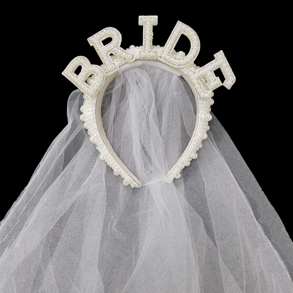 Pearl Bride Headband Veil White Pearl Bride Hair Band Crown Bridal Shower Decoration Bride To Be Bachelorette Hen Party Supplies