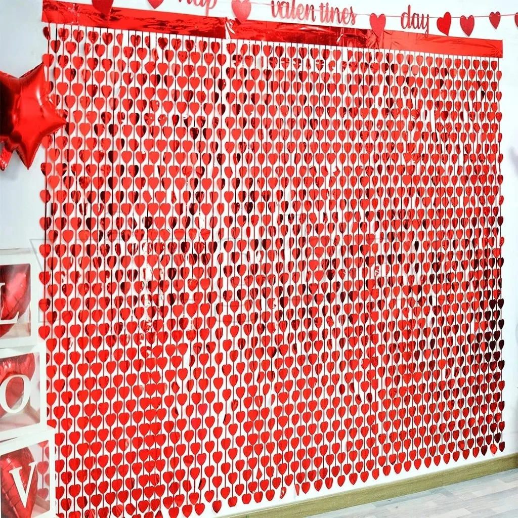 Red Heart Shape Tinsel Foil Fringe Curtain 4 Packs 39x79in Valentines Photo Backdrop Streamer Backdrop for Birthday Wedding
