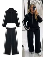 HH 2024 Female Street Trendy Trousers Suits Lapel Zipper Cropped Jackets+Elastic Waist Wide Leg Long Pants Causal Autumn Set