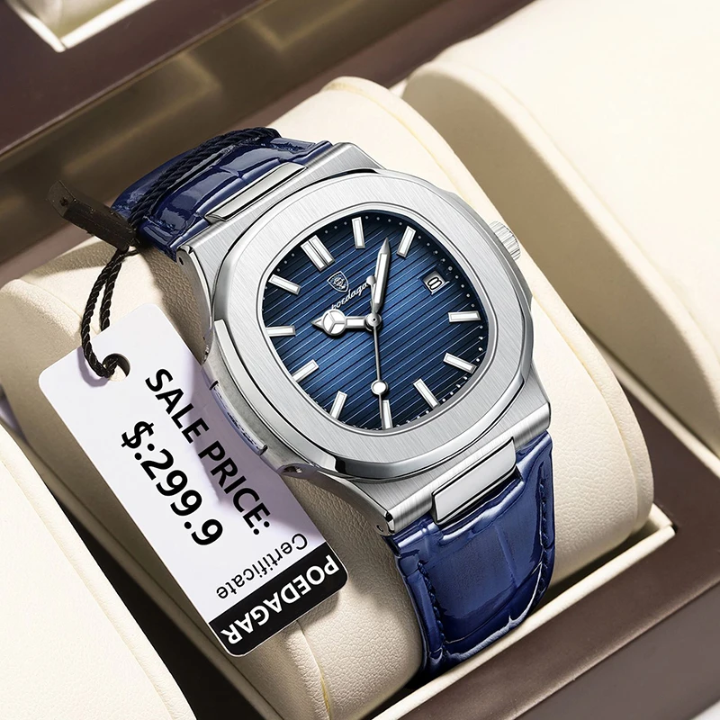 

POEDAGAR Waterproof Sport Men's Watch Luxury Brand Business Leather Strap Square Luminous Dial Quartz Wristwatches Man Calendar