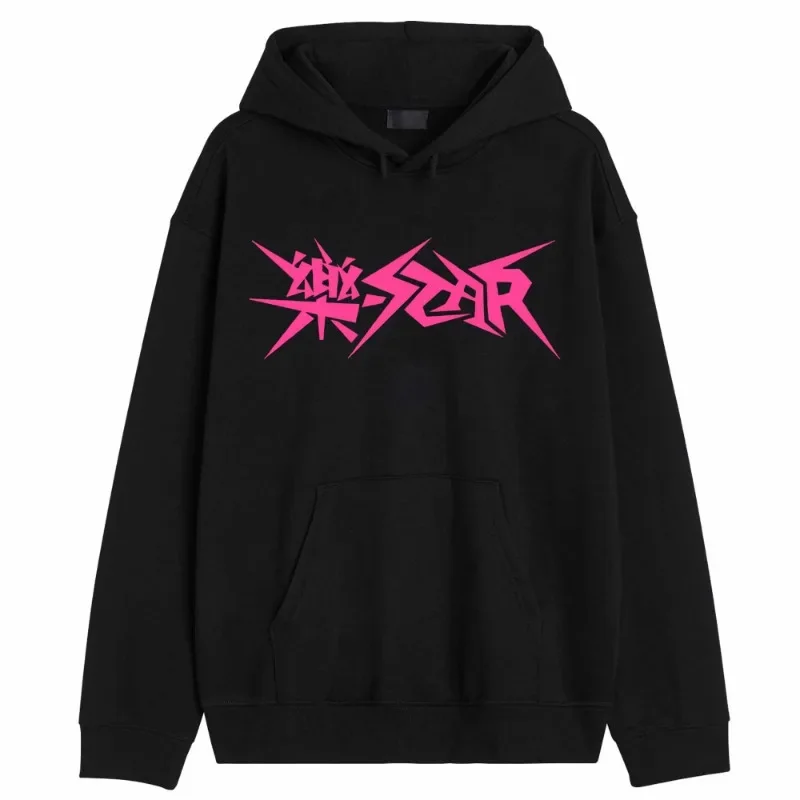 Pink oversized hoodie with black SKZ graffiti star print
