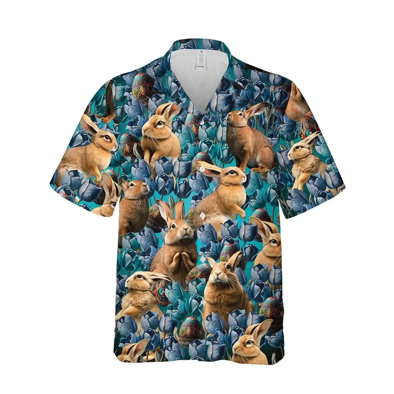 thumbnail image 1 of Camisas de feliz día de Pascua para hombres, camisa hawaiana informal con estampado 3D de huevo, blusas con botones de conejo de dibujos animados, 1 of 4