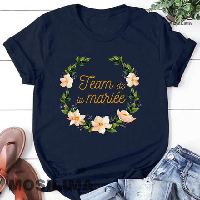Team Bride Bachelorette Wedding Party Women Evjf Tee Shirt Casual ladies basic O-collar Pink Short Sleeved T-shirt Girl Navy blue2