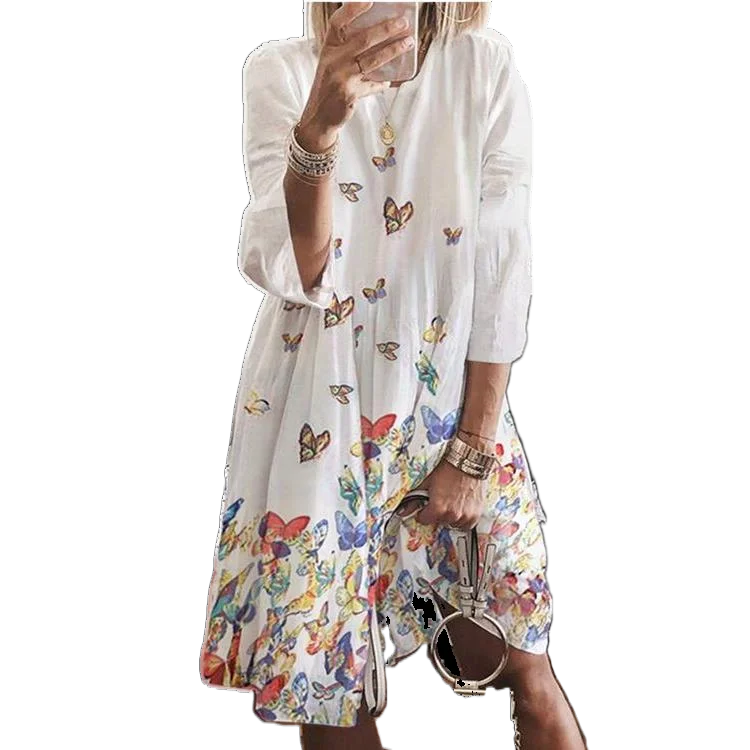 

2023 Women's Fashion Retro Butterfly Print O-neck Dress Women's Casual Commuting Loose Spring and Summer Dresses Female and Lady