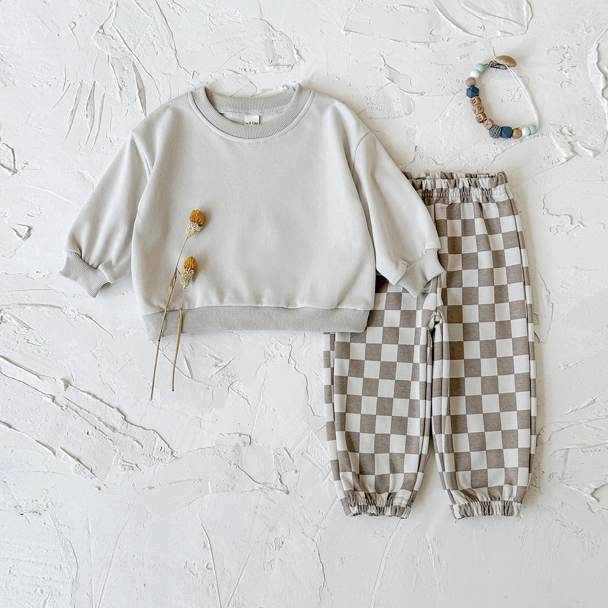 Autumn Fashion Casual Outfit Solid Color Long Sleeves Chessboard Pattern Pants Korean Style Newborn Baby Boys Girls Clothes