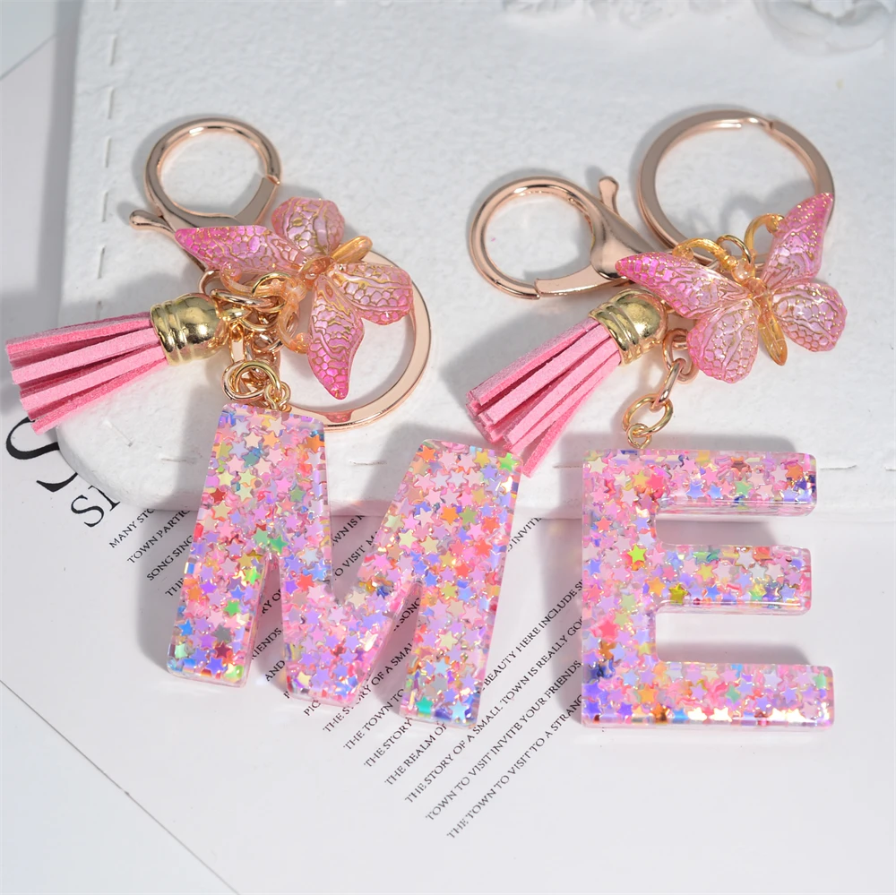 Lanxy Letter K Keychain For Women - Pink & Orange Butterfly Design With Tassel, Purse Accessory