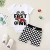 Baby Boy First Birthday Outfit Fast One Birthday Outfit Race Car 1st Birthday Outfit Plaid T Shirt Top Shorts Set 1