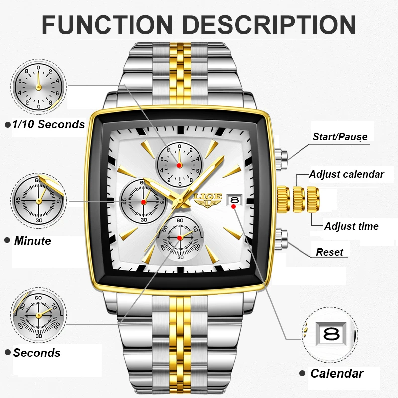 LIGE New Men's Quartz Watch Fashion Business Watch Men Square Stainless Steel Waterproof Luminous Chronograph Relogio Masculino