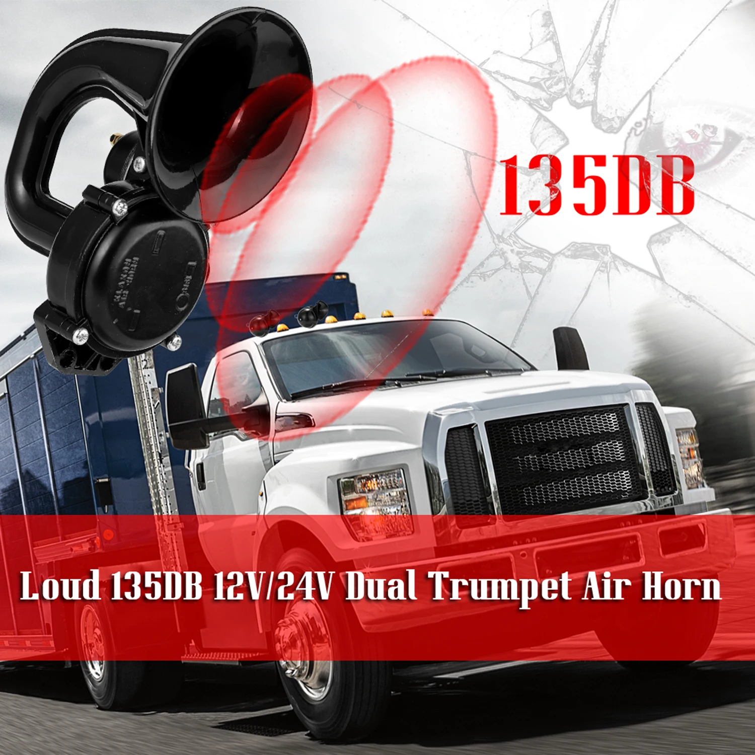 Truck 135db Loud Air Horn 12/24V SuperLoud Trumpet Air Horn with Electric Valve Flat for Auto Vehicle Trucks