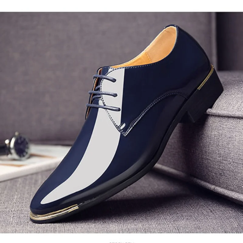 Black Leather Low Top Men Dress Shoes Solid Color Patent Leather Shoes White Wedding Size 38-48 leather shoes