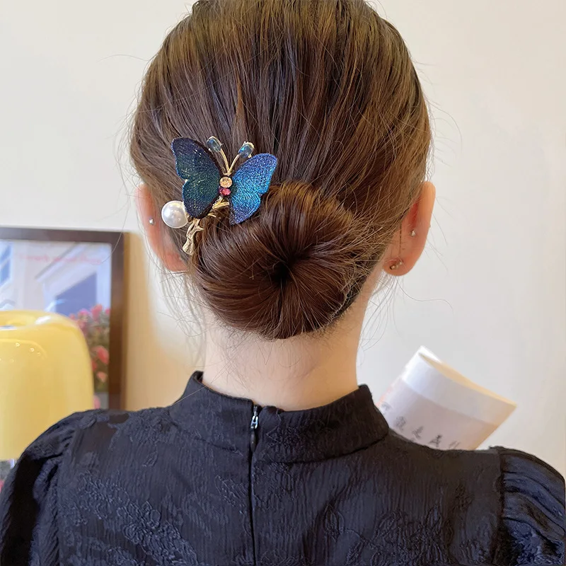 2022 New Retro Butterfly Pearl Rubber Band Hair Comb Hair Clip Plate