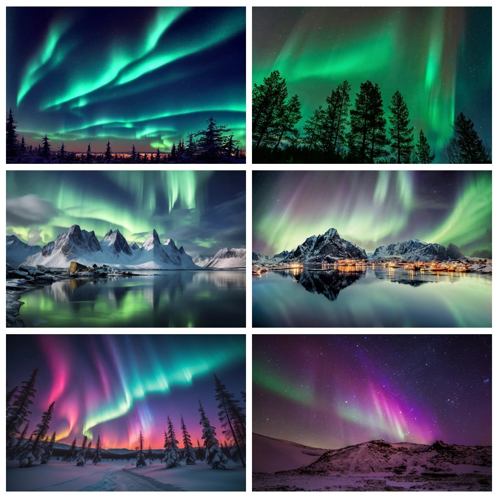 

Aurora Borealis Backdrop Photography Northern Lights Arctic Snow Mountains Lake Starry Sky Scenery Winter Landscape Background