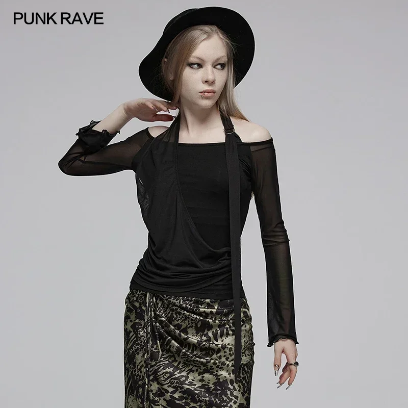 

PUNK RAVE Women's Gothic Daily Halter Neck Stretch-mesh Panel Flared Sleeve T-shirt Sexy Asymmetric Casual Tops Women Clothes