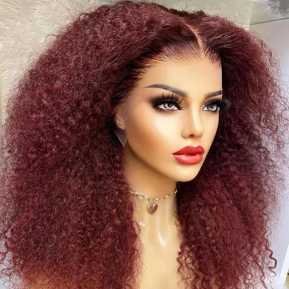 

Burgundy Glueless 99j Kinky Curly Lace Front Wig For Black Women With Baby Hair 26Inch Long 180%Density Heat Temperature Daily