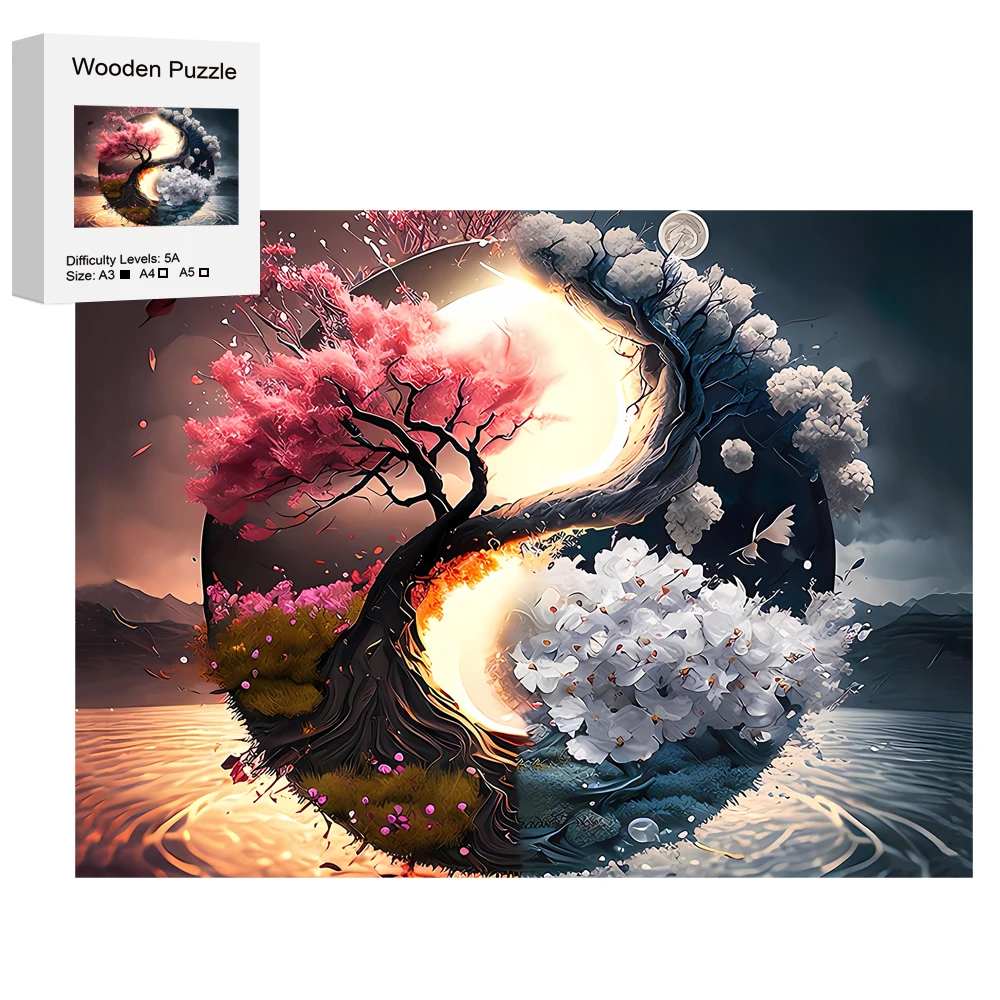 Wooden Jigsaw Puzzles Jigsaw Puzzles Wooden Puzzle Toys Creative Yin Yang Sun, Moon, Tree Of Life Hand-decorated Puzzles Educational Toys Birthday Gift