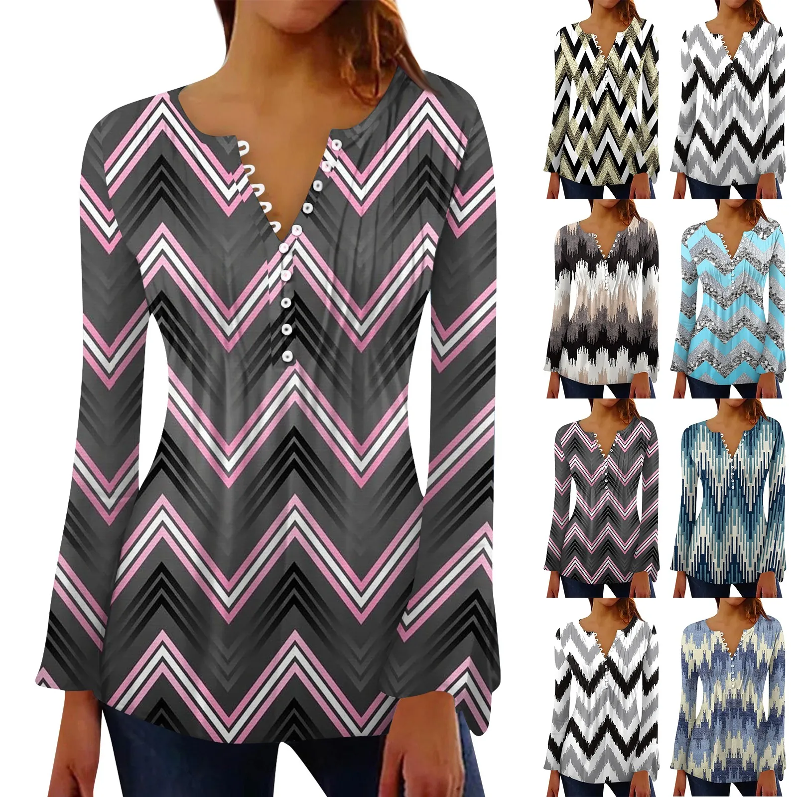 

Женская модная рубашка с принтом в стиле пэчворк, v-образный вырез, длинный расклешенный рукав, плиссированная рубашка на пуговицах, универсальный топ, 국인 인 은