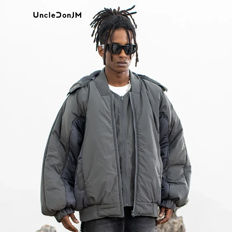 

Double Zipper Puffer Jacket Cotton Padded Hooded Parkas Colour Block Winter Coat Hat Detachable
