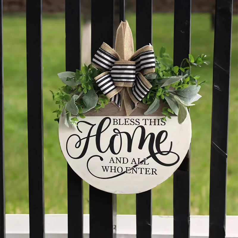 

Creative Wooden Welcome Listing Home Wall Hanging Pendent Courtyard Front Porch Door Garland Round Bow Knot Decor Sign Ornaments