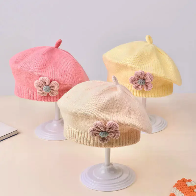 Baby Girls Autumn Winter Woolen Hat - Cute Flower Beret Toddler Artist Knitted Cap For 6-12 Months Newborn Home Outdoor
