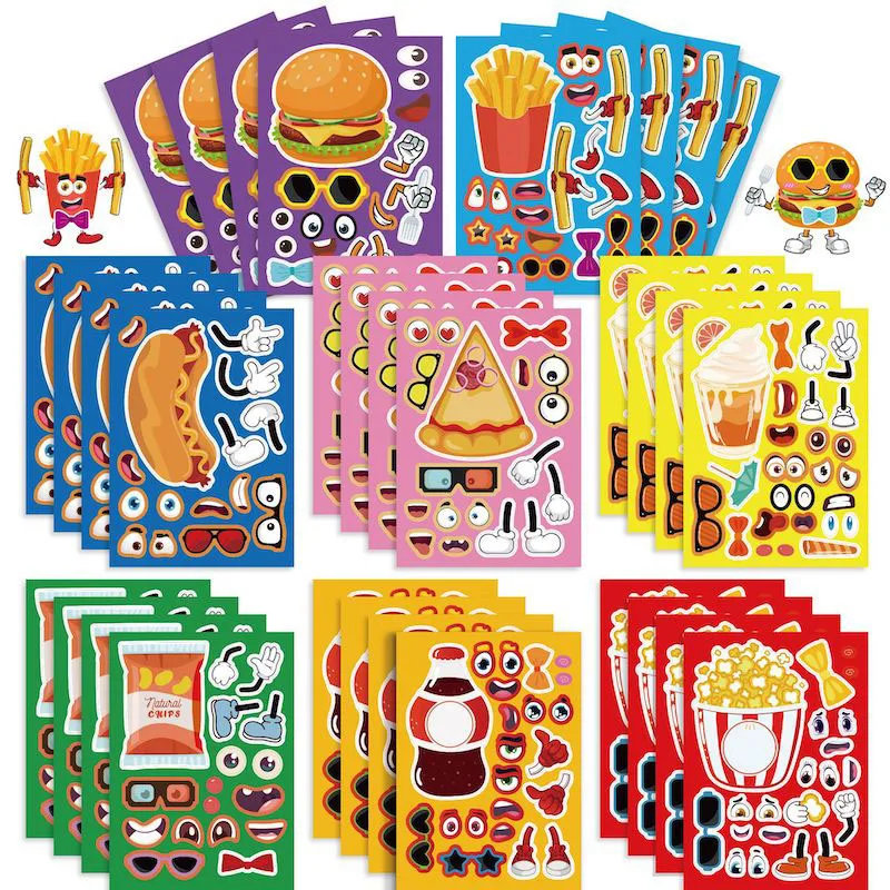 

6-24sheets Make Your Own Junk Food Stickers Children Creative Toys Make a Face Puzzle Jigsaw Kids DIY Sticker Party Games Gift