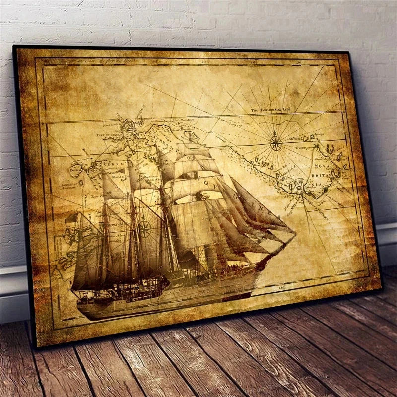 Vintage Europeo Barca A Vela Vela Grafico Poster Mappa Antica Fantasy Ship Canvas Painting Print Wall Art Per Sala Studio Home Decor