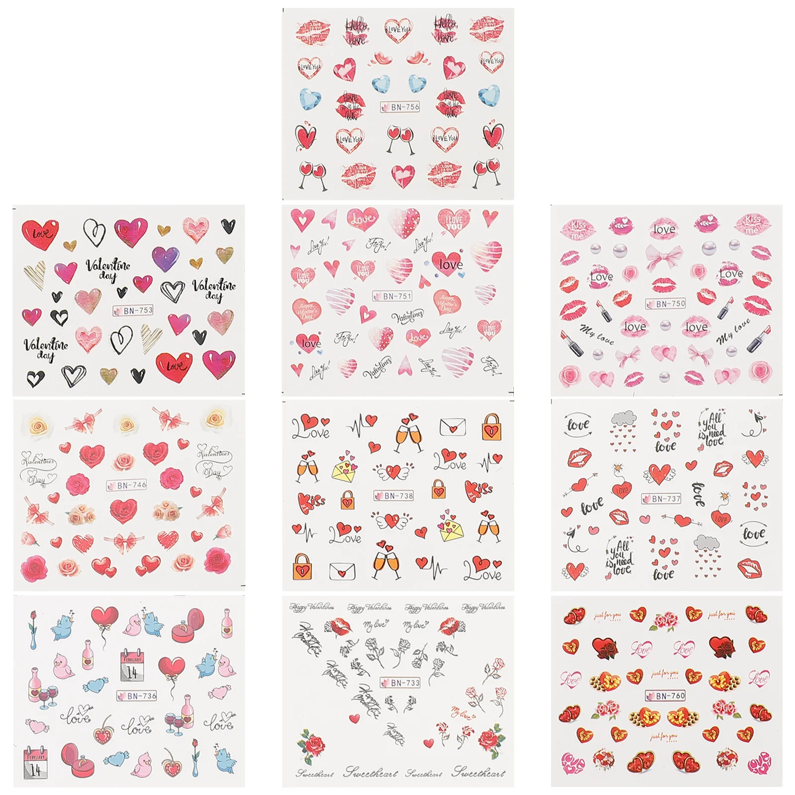 

10 Sheets Heart Nail Stickers, Valentines Day DIY Fingernail Decoration Love Lip Elements Nail Tip Decal for