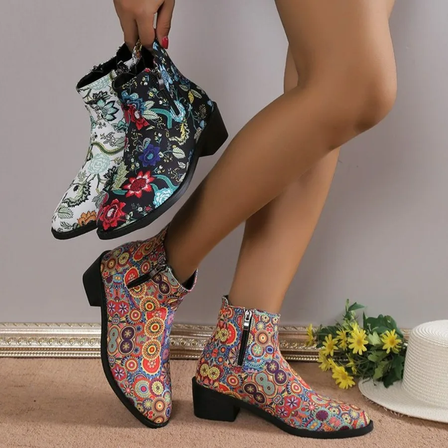 

New 2023 Women's Vintage Printed Cowboy Boots Autumn Pu Leather Ankle Boots Woman Slip on Thick Heels Chelsea Botines Mujer