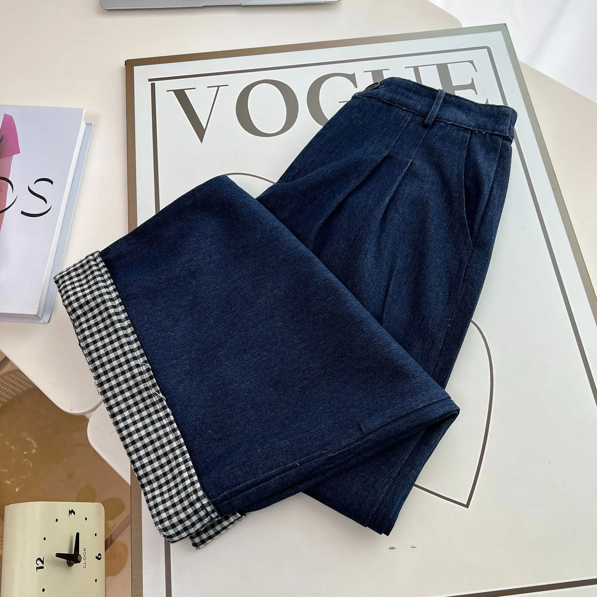 XXXXL Fashion Plus Size Women's Jeans New Plaid rolled-up Hem wide-leg Casual Denim Pants Autumn 1395