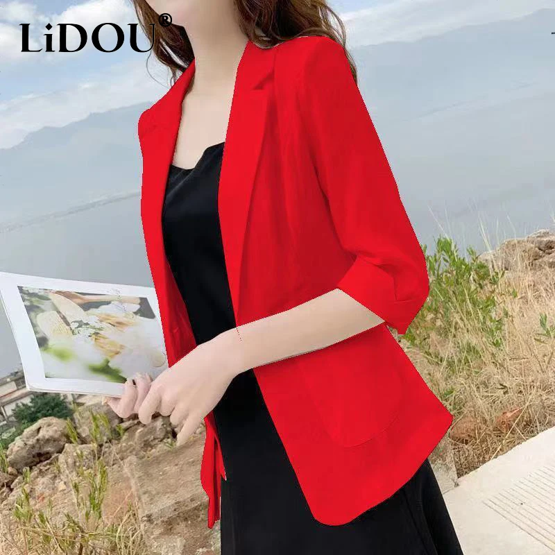 Spring Summer New Elegant Fashion Cotton Linen Blazers Ladies 3/4 Sleeve Temperament All-match Cardigan Coat Women's Jacket Top