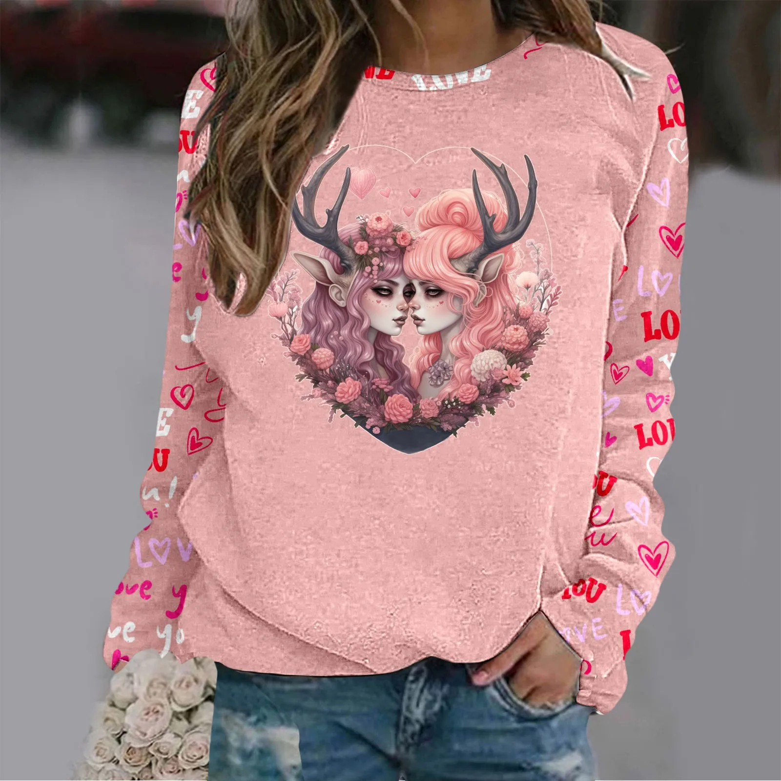 

Distressed Top Women Womens Valentines Day Print O Neck Sweatshirt Round Neck Fit Pullover Tops Casual Long 3x Hoodie Pullover